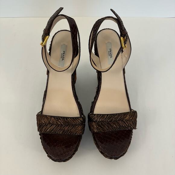 Prada Raffia Wicker Wedge Platform Sandals Dark Brown Open-Toe | IT 40 (US 10) - Picture 2 of 10